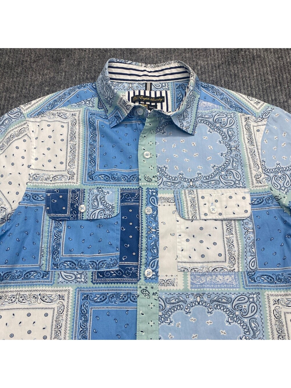 English Laundry Paisley Shirt Mens Small Blue White Colorblock Bandana Patchwork
